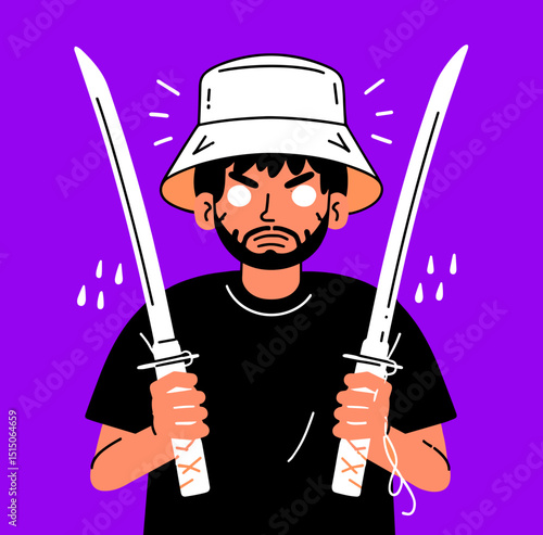 The Vigil: A fierce warrior stands resolute, brandishing dual katanas, a symbol of unwavering determination and strength.