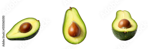 Halved Avocados Displayed Against transparent Background Highlighting Rich Green Flesh and Large Brown Pits with Different Perspectives for Culinary or Design Use