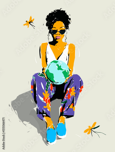 Guardian of the Globe: A fashionable individual embraces the planet, symbolizing environmental care. With the globe in her embrace, she represents our responsibility to nurture it.