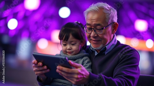 An elderly man with glasses and a young child share a tablet outdoors under vibrant purple lights