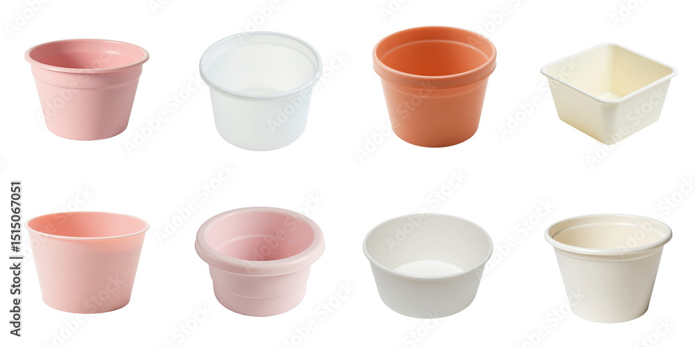 Variety of Colorful Plastic Containers Displayed on a transparent Background Featuring Round and Square Shapes in Pink, White, and Orange Tones Ideal for Various Uses Variety of Colorful Plastic Containers Displayed on a transparent Background Featuring Round and Square Shapes in Pink, White, and Orange Tones Ideal for Various Uses