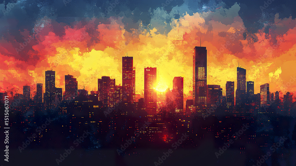 Fototapeta premium vibrant city skyline at sunset, showcasing dramatic colors and silhouettes