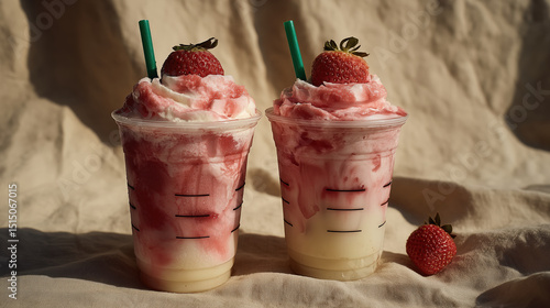 Strawberry cream frappes with whipped cream, strawberry sauce, and fresh strawberries on top in clear plastic cups with green straws, set on light fabric background photo
