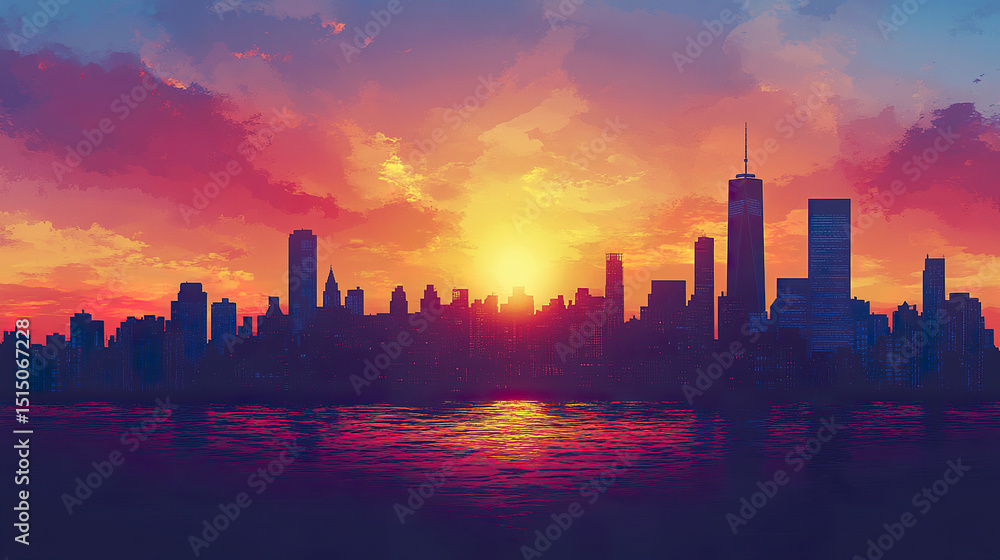 Fototapeta premium vibrant city skyline at sunset, showcasing beautiful colors reflecting on water