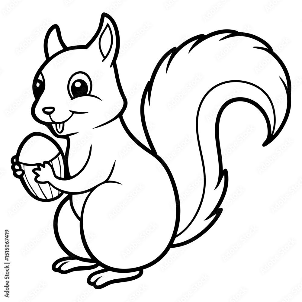 Cute Squirrel Holding Acorn with Bushy Tail in Fine Line Art Cute Squirrel Holding Acorn with Bushy Tail in Fine Line Art