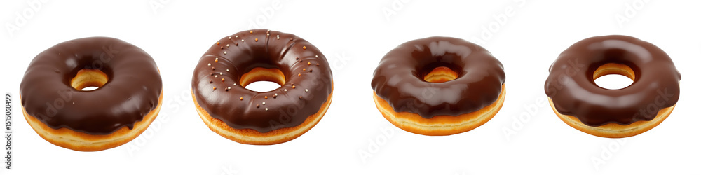 Four delicious chocolate glazed donuts arranged in a row, showcasing different styles and textures, set against a contrasting transparent background for enhanced visual appeal. Four delicious chocolate glazed donuts arranged in a row, showcasing different styles and textures, set against a contrasting transparent background for enhanced visual appeal.