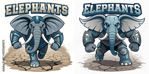 Armored elephant mascot logos stomping through cracked earth in powerful defensive stance, perfect for sports teams, branding projects, or gaming identity icons, vector