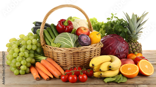 A vibrant basket filled with an assortment of fresh fruits and vegetables, highlighting nature's bounty