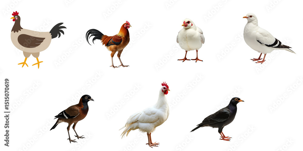 Fototapeta premium Variety of Cartoon and Realistic Birds in Diverse Poses Featuring a Hen, Rooster, Pigeons, and Other Fowl Set Against a Solid transparent Background