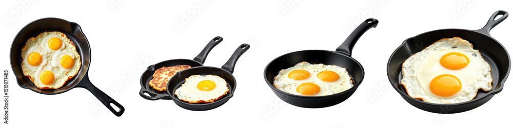 Collection of Various Cast Iron Skillets with Fried Eggs Featuring Different Arrangements and Sizes of Eggs on a transparent Background Collection of Various Cast Iron Skillets with Fried Eggs Featuring Different Arrangements and Sizes of Eggs on a transparent Background