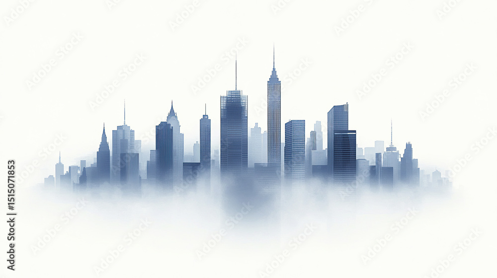 Fototapeta premium modern city skyline silhouette with misty background, showcasing tall buildings and skyscrapers