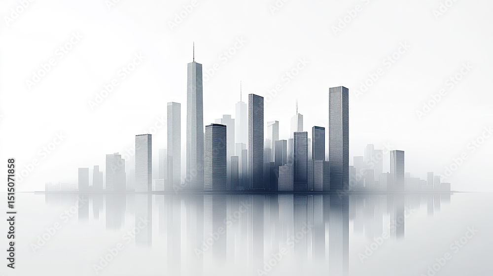 Fototapeta premium modern city skyline with tall buildings reflecting in calm surface, creating serene atmosphere