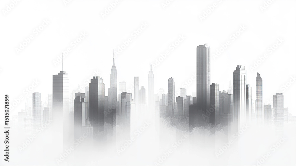 modern city skyline shrouded in mist, showcasing tall buildings and iconic structures modern city skyline shrouded in mist, showcasing tall buildings and iconic structures