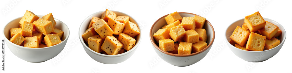Assorted Bowls of Golden Croutons Displaying Different Textures and Sizes Against a transparent Background, Perfect for Culinary Uses and Visual Enhancement in Food Presentations Assorted Bowls of Golden Croutons Displaying Different Textures and Sizes Against a transparent Background, Perfect for Culinary Uses and Visual Enhancement in Food Presentations