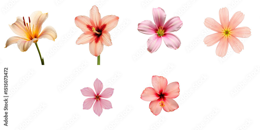 Fototapeta premium Collection of Six Beautiful Flowers in Various Colors and Shapes with Transparent Background, Showcasing Petals in Soft Shades of Pink, Peach, and White Perfect for Decorative Use