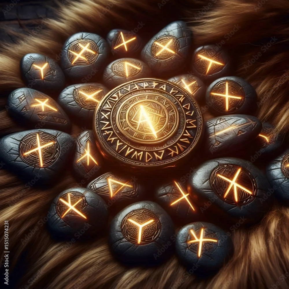 Elder Futhark runestones scattered on a wolf pelt, one glowing with golden light, Ai created image Elder Futhark runestones scattered on a wolf pelt, one glowing with golden light, Ai created image