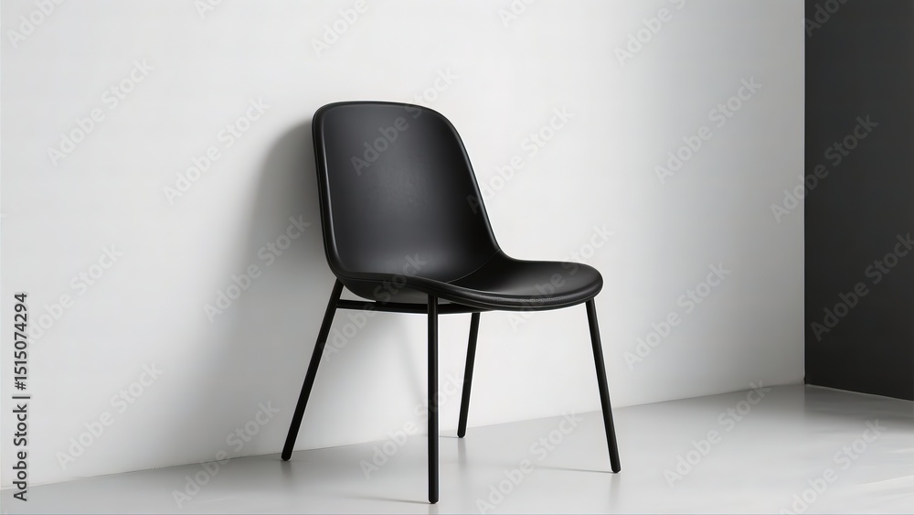 A sleek, modern chair in solid black, featuring a curved backrest and seat. It has slender black metal legs and is positioned against a white wall. A shadow is cast across the wall on the right. A sleek, modern chair in solid black, featuring a curved backrest and seat. It has slender black metal legs and is positioned against a white wall. A shadow is cast across the wall on the right.