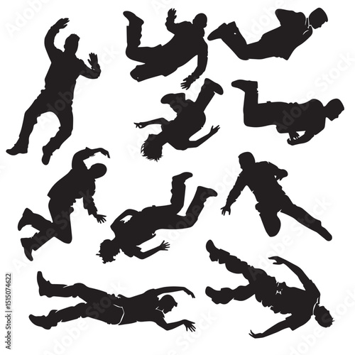 set of falling people silhouettes. vector silhouettes of people falling from a great height. falling female silhouette