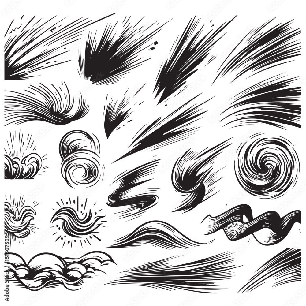 Fototapeta premium line movement element vector set, comic speed lines, motion lines, dynamic effect, manga action elements, swoosh, burst, swirl, impact stroke, motion streaks,