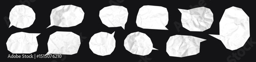 White speech bubbles cut out of crumpled paper trendy elements set. Dotted halftone social media clip art, modern retro vector illustration for mixed media design isolated on black background
