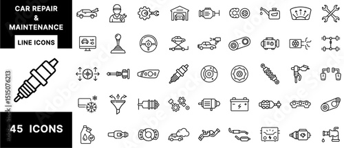Car Repair and Maintenance Line Icons Set Featuring Engine Parts, Tools, Diagnostics, Oil Change, Vehicle Lift, Spark Plug, Brake System, Fluids, and Suspension