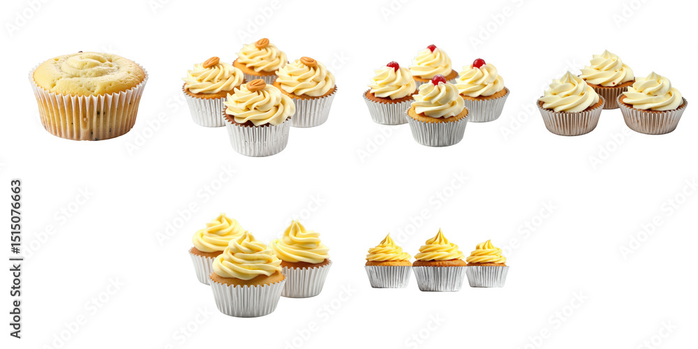 Assorted collection of delightful cupcakes featuring creamy frosting in various styles, showcasing vibrant decorations and playful designs against a transparent background. Assorted collection of delightful cupcakes featuring creamy frosting in various styles, showcasing vibrant decorations and playful designs against a transparent background.