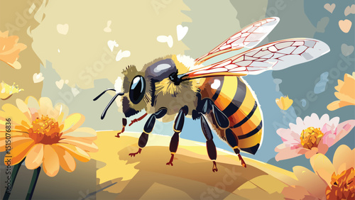 Vector of a Brightly Colored Bee with Detailed Textures and Blurred Floral Background – Nature Documentary Style