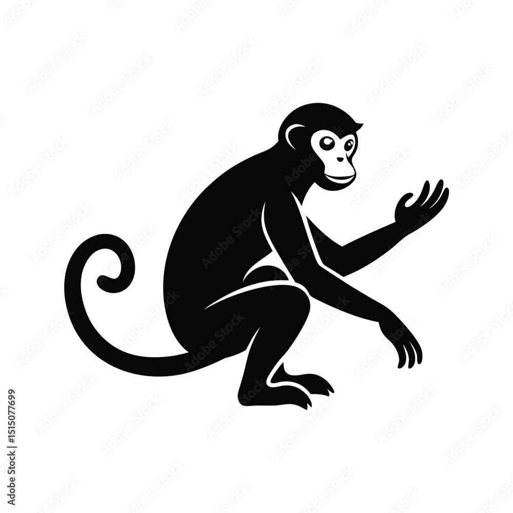 Fototapeta premium Monkey Silhouette Vector – Black and White Jungle Animal Illustration for Wildlife Designs, Zoo Graphics, Nature Projects, and Safari-Themed Artwork