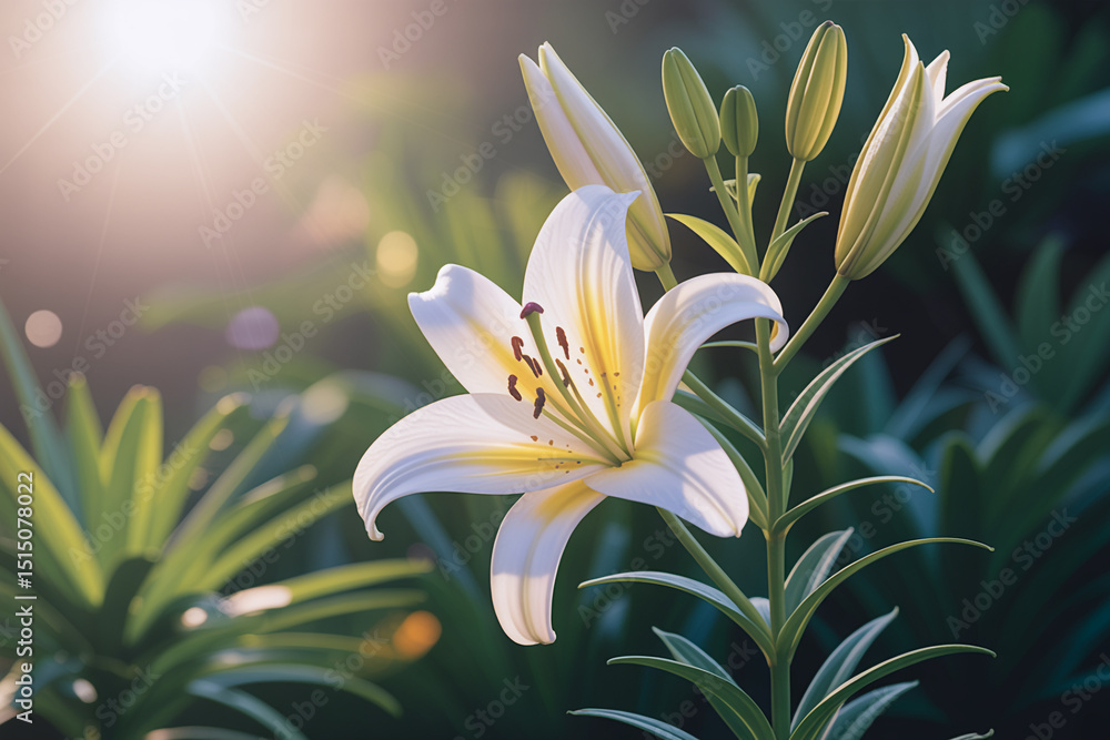 Obraz premium White Lily Blossom in Soft Golden Light with Bokeh Background (1)