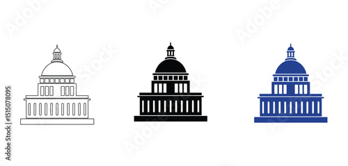 Capitol Dome Building Icons – Government and Banking Symbol Set in Monochrome Styles