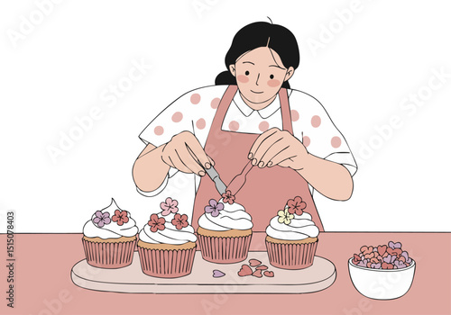 A smiling baker decorates flower-topped cupcakes with delicate frosting. A charming, soft-toned illustration perfect for food, lifestyle, or greeting card designs.