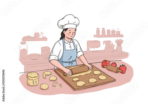 A smiling baker prepares cookies in a bright kitchen. Focus on fresh ingredients and a warm, inviting atmosphere. Ideal for food, baking, and lifestyle visuals.