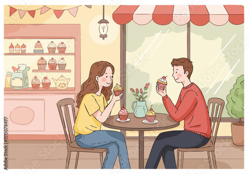 charming cafe scene depicts a couple enjoying cupcakes and coffee Soft colors a cozy atmosphere and a focus on a relaxed date highlight the sweetness of the moment 