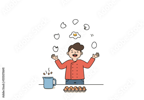 cheerful  man playfully juggles egg yolk shapes amidst cooking tools Vibrant illustration style perfect for food or lifestyle campaigns Clean composition and appealing character