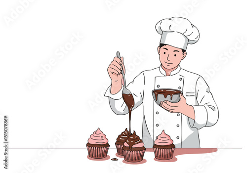 A smiling chef expertly drizzles ganache onto cupcakes, creating a beautiful drip flair. Professional, delicious, and visually appealing for food photography and desserts.