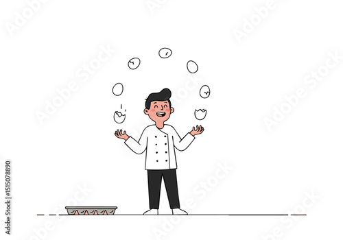 A chef performs a juggling act with eggs in a kitchen setting. The image features a playful composition with scattered eggs and a humorous title. Bright, modern illustration style.