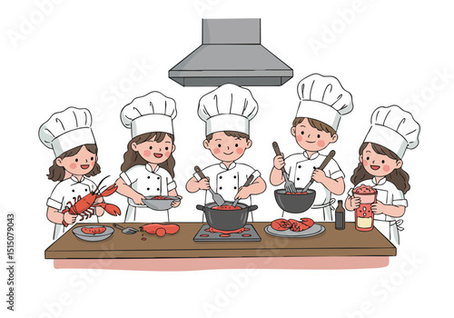 Five children in chef hats prepare food together on a kitchen counter. A modern kitchen setting with a range hood. Bright, cheerful illustration for cooking lessons.