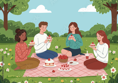 Four friends enjoy a strawberry shortcake picnic in a sunny park. They smile and share treats, creating a joyful and inviting scene. Perfect for lifestyle and food marketing.