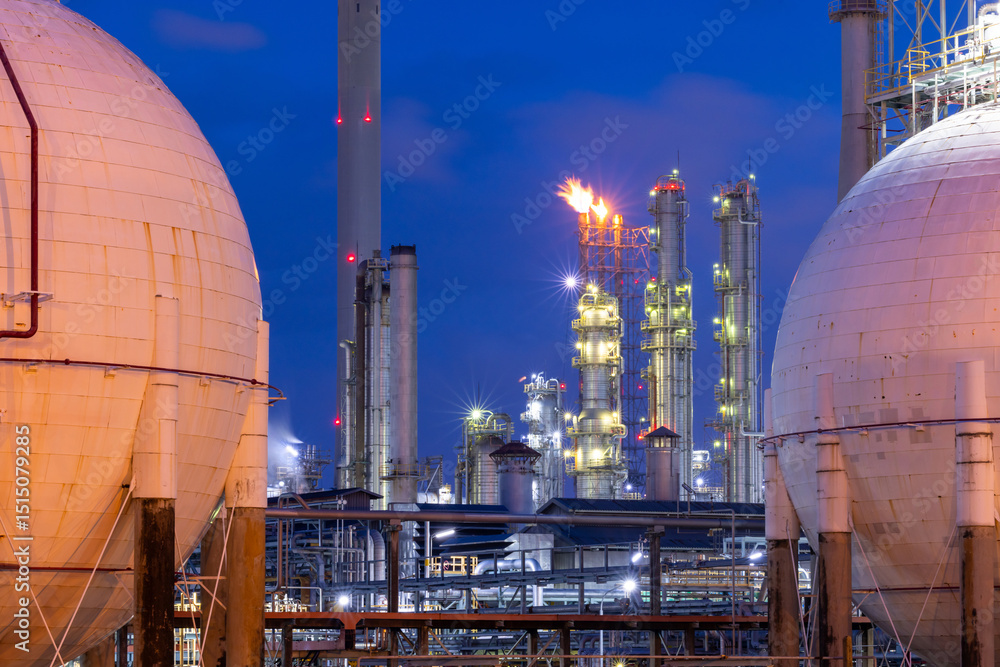 Φωτογραφία Gas separation plant at industrial estate under night sky, Industrial gas separation plant with sphere gas storage tank, Natural gas processing plant energy infrastructure