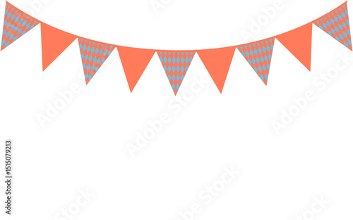 Triangular flags orange with blue diamonds on ribbon isolated on white or transparent background. Garland of flags on rope for birthday and party. Vector flat illustration. Close-up element for design