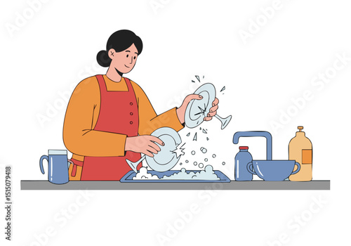 A woman clumsily breaks a glass while washing dishes. A dynamic, slightly chaotic scene with a focus on the moment of breakage.  Illustrative style.