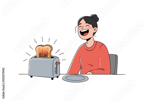 A woman laughs joyfully as burnt toast pops up from a toaster. A lighthearted, relatable moment captured in a modern illustration style.