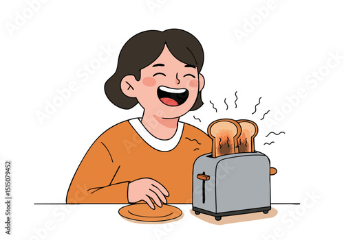 A smiling woman enjoys toasted bread from a toaster, radiating warmth and happiness. A simple, charming illustration style.
