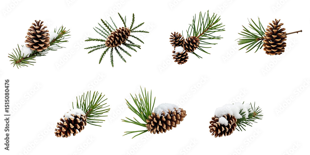 Fototapeta premium Collection of Snow-Capped Pine Cones and Green Pine Branches on transparent Background Featuring Various Arrangements and Natural Textures