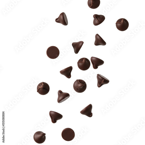 Chocolate chips scattered floating in mid air on a solid white background
