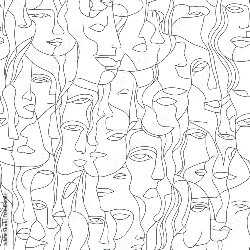 Seamless pattern of abstract continuous line faces in neutral tones on white background for modern surface design and textile use