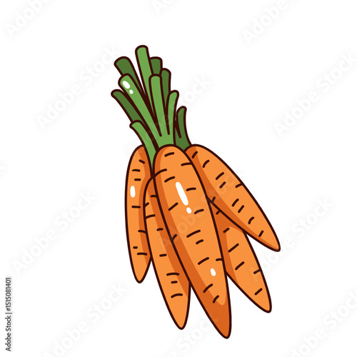 Orange carrots tied in bunch with green tops. Hand-drawn style with bold outlines and playful look. Groovy cartoon doodle for food designs, labels or farm-themed graphics. Vector illustration.