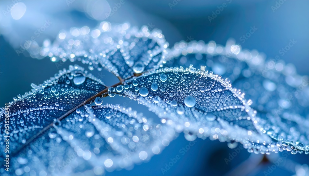 Macro photograph of a detailed blue leaf covered in delicate water droplets and frost crystals, showcasing nature's beauty in winter. Macro photograph of a detailed blue leaf covered in delicate water droplets and frost crystals, showcasing nature's beauty in winter.