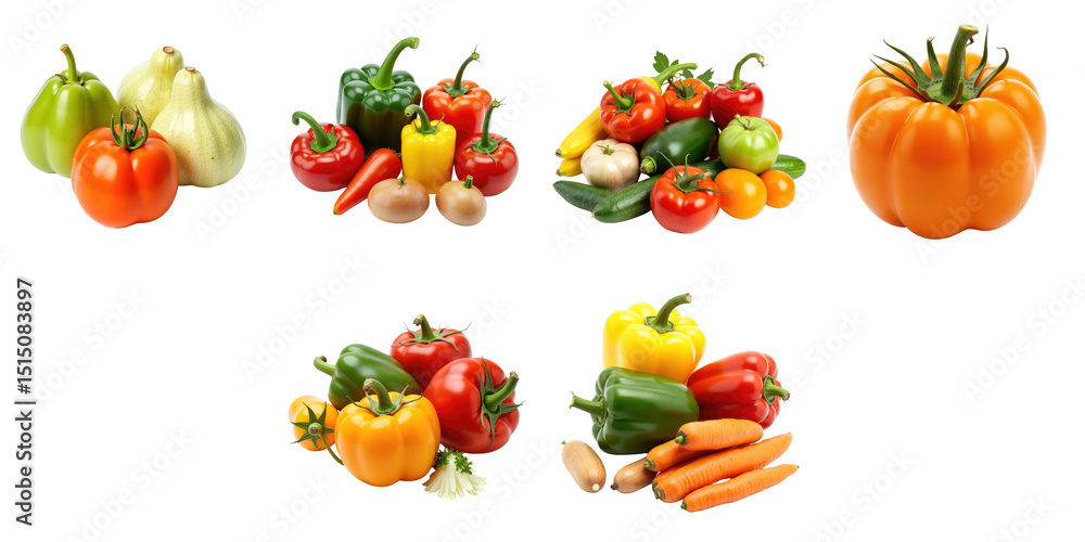 Vibrant Collection of Fresh Bell Peppers and Vegetables on transparent Background Featuring Green, Red, Yellow, and Orange Colors with Various Other Produce in Artistic Arrangement Vibrant Collection of Fresh Bell Peppers and Vegetables on transparent Background Featuring Green, Red, Yellow, and Orange Colors with Various Other Produce in Artistic Arrangement