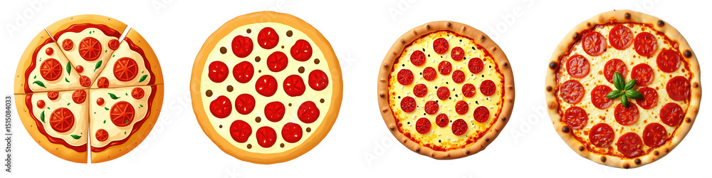 Collection of Various Pepperoni Pizzas Featuring Different Crust Styles and Toppings on a transparent Background, Displaying Round Shapes and Unique Arrangements with Cheese and Herbs. Collection of Various Pepperoni Pizzas Featuring Different Crust Styles and Toppings on a transparent Background, Displaying Round Shapes and Unique Arrangements with Cheese and Herbs.